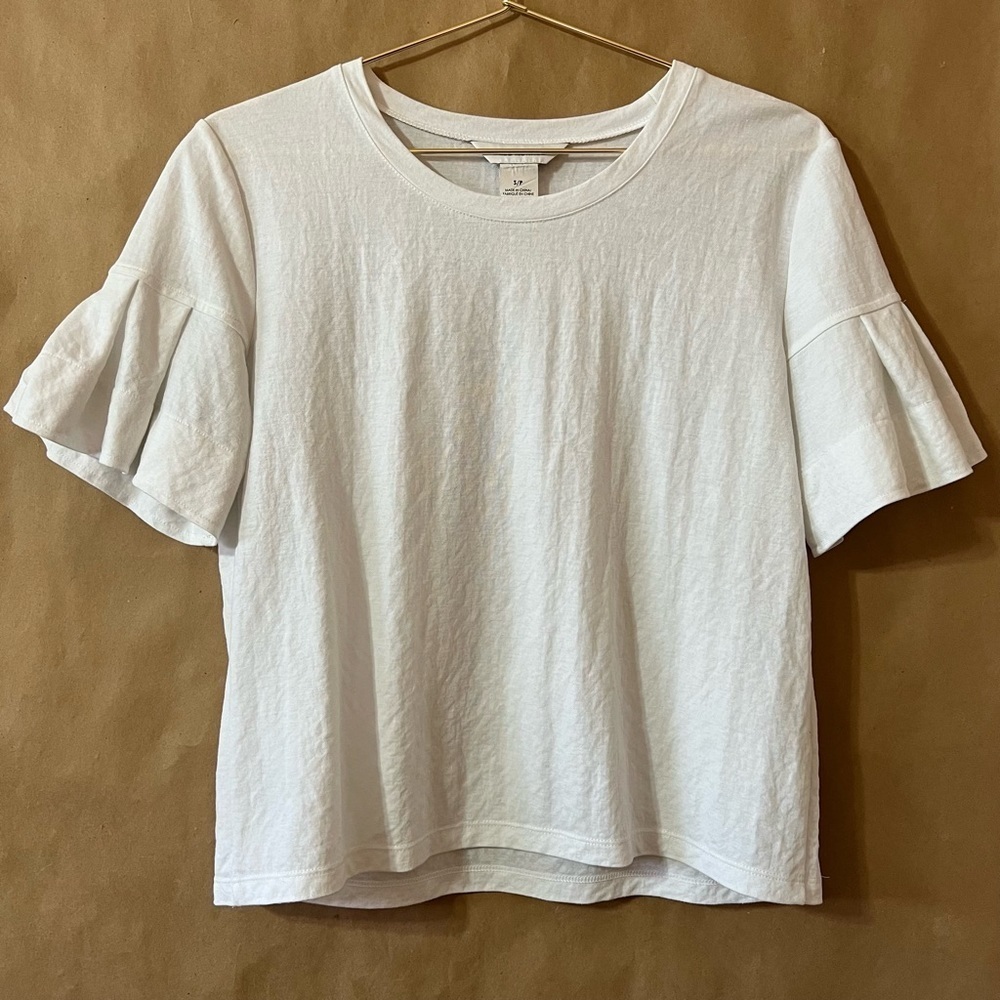 Club Monaco | Ruffle Sleeve Crew Neck Tee Top Minimalist Basic White Size S